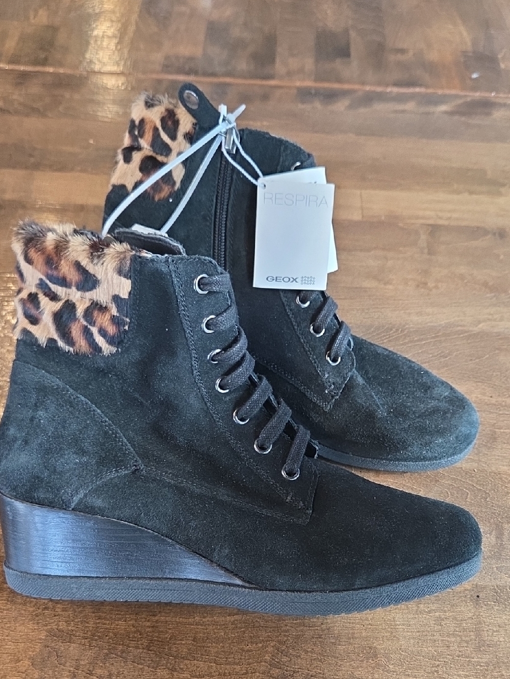 Geox Size 8 NEW Black Suede Wedge Ankle Boots with Leopard Trim
